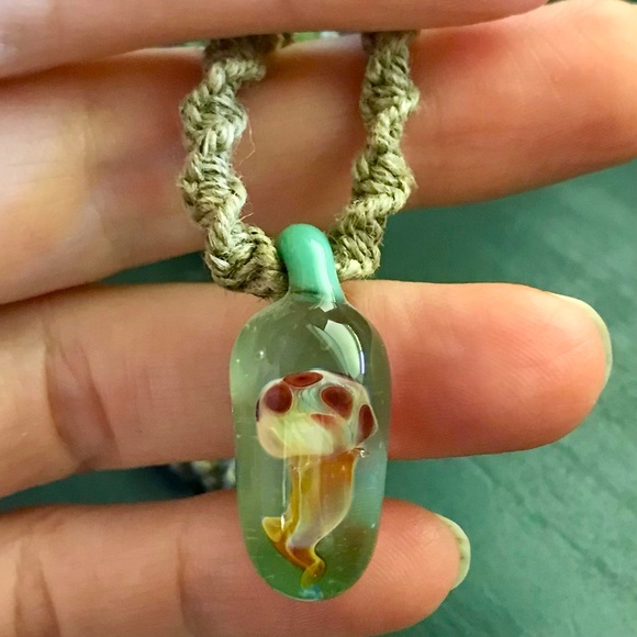 Hand blown glass mushroom pendant on hemp - Picture 1 of 5
